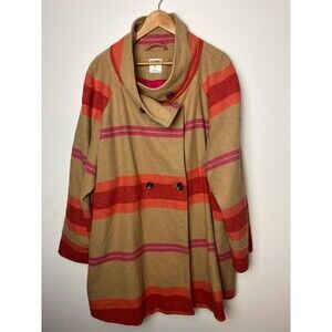 Old Navy Coat Womens 4X Tan Red Stripe Wool Blend Funnel Collar Double Breasted
